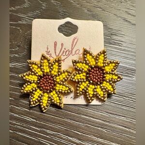 Seed Bead Sunflower Earrings - Yellow & Brown